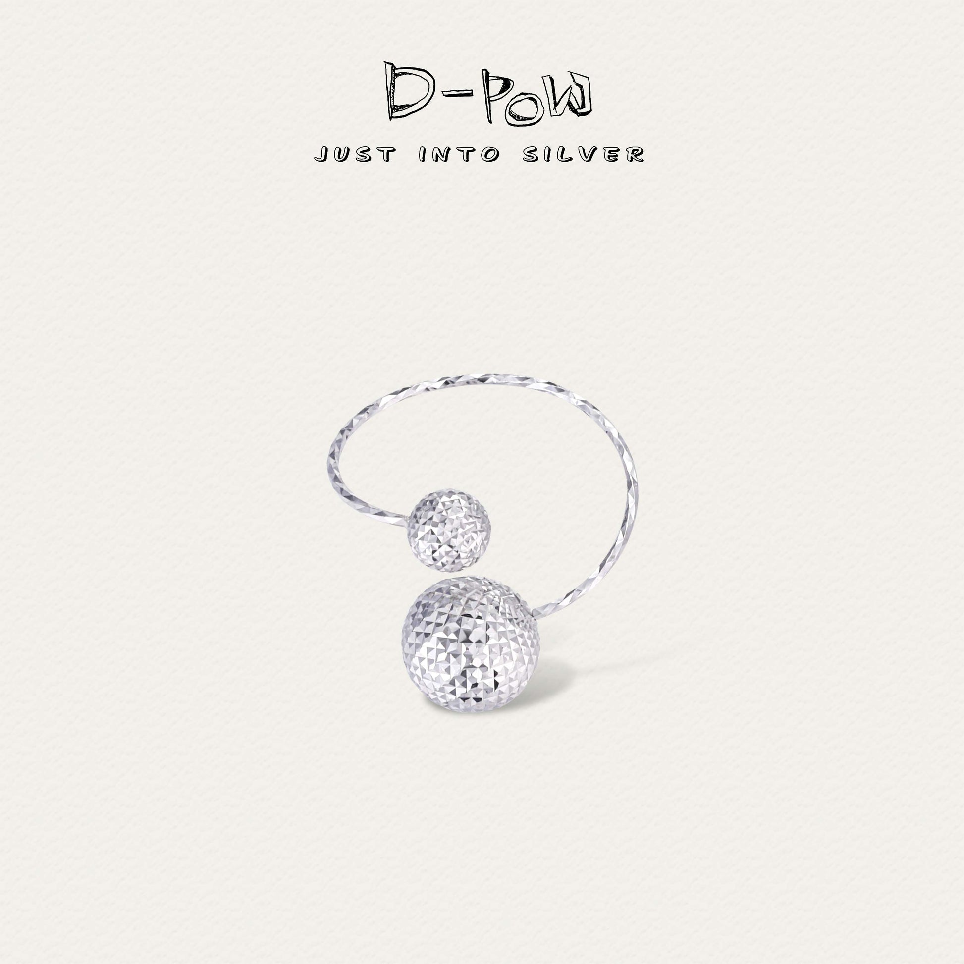 D-POW Frozen Echo dual cosmic sphere adjustable sterling silver ring, featuring a detailed side view highlighting the craftsmanship and unique design of the spheres.
