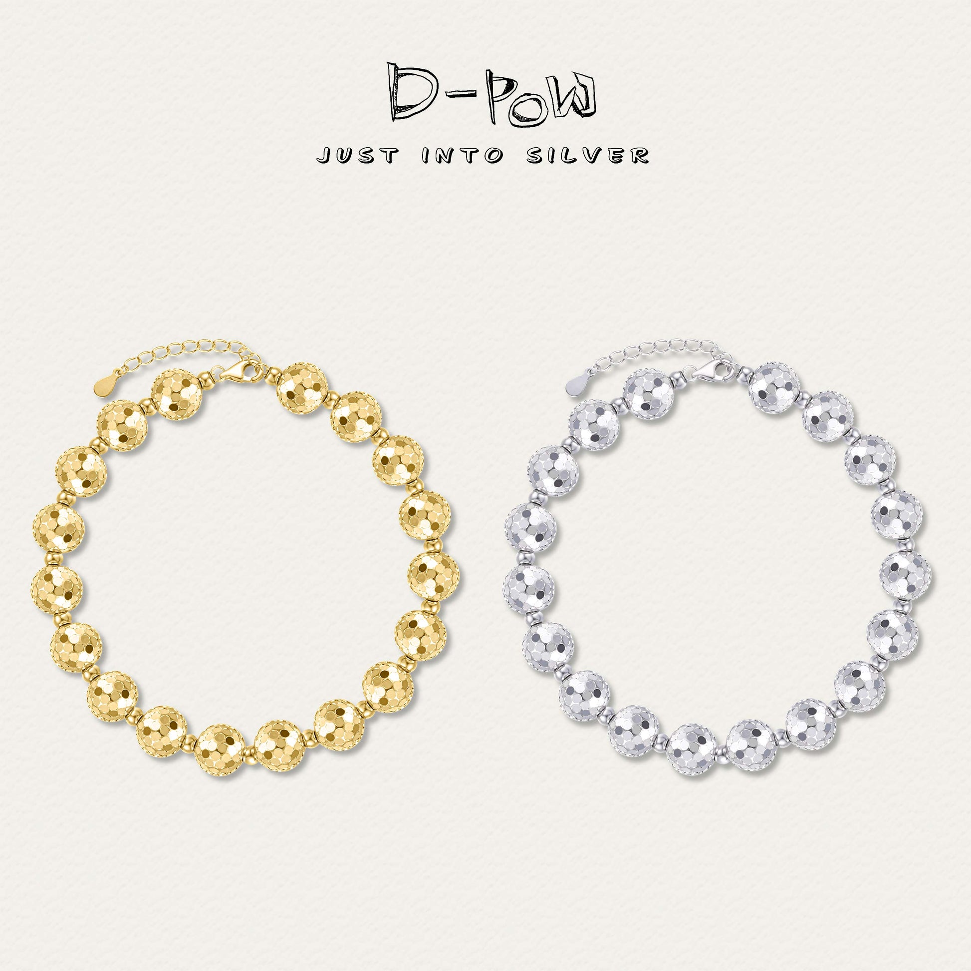 D-POW Frozen Echo Fractured Cosmos sterling silver bracelets in silver and gold, displayed together to emphasize the dual-tone elegance.