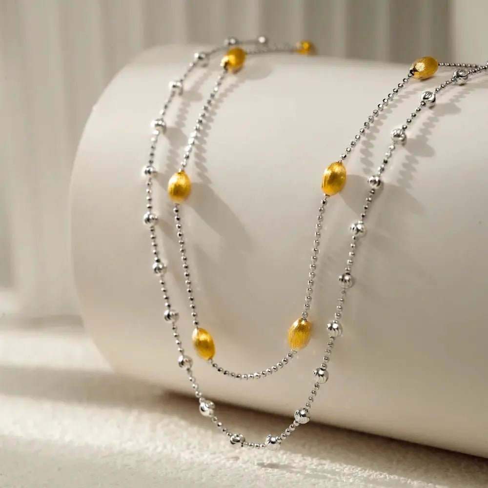 Gold Engraved Brushed Nut Shell Double-Layer Necklace (50cm) (7768) | D-POW