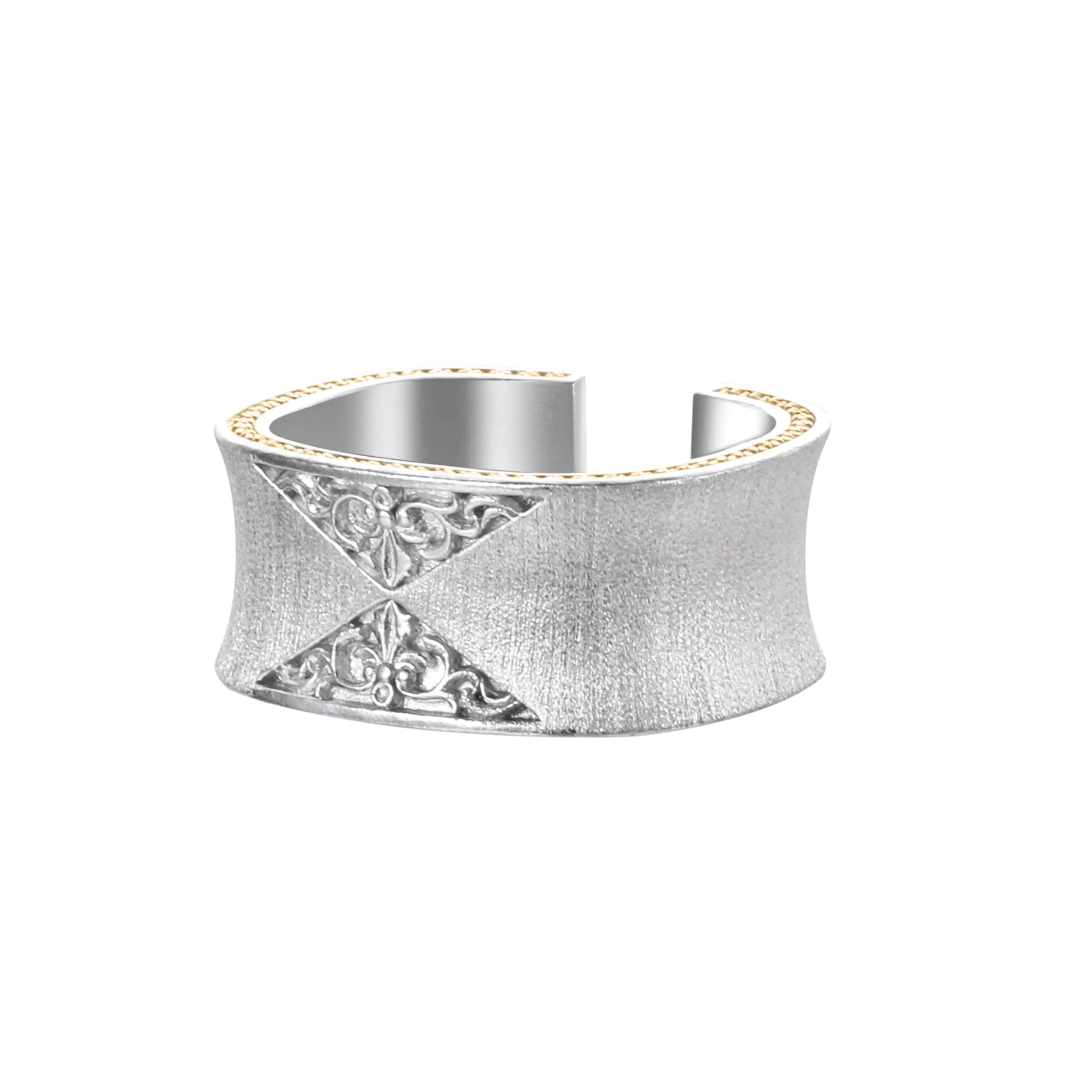 [Italian Ornamental Heritage] D-POW Italy Handcrafted Engraved Gold Iris & Acanthus Solid Heavywork Silver Floral Ring