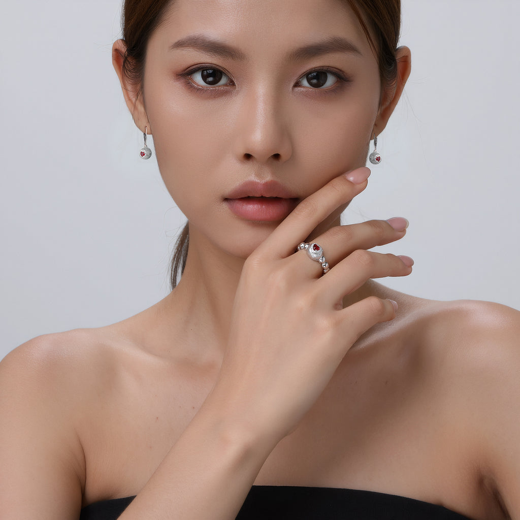 [Cosmic Amour] D-POW Peach Jewelry Set – 925 Sterling Silver Necklace, Earrings & Ring