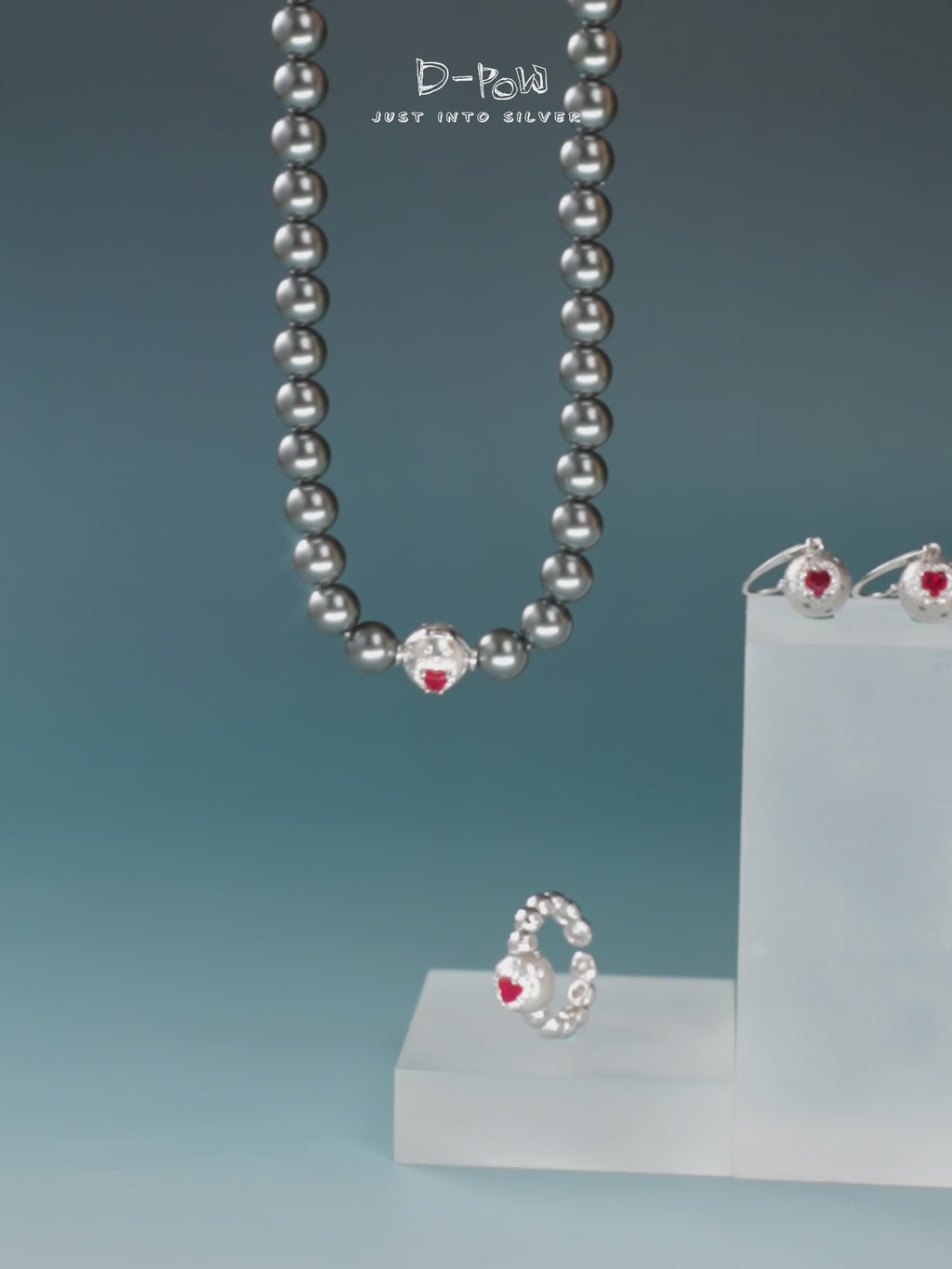 [Cosmic Amour] D-POW Peach Jewelry Set – 925 Sterling Silver Necklace, Earrings & Ring