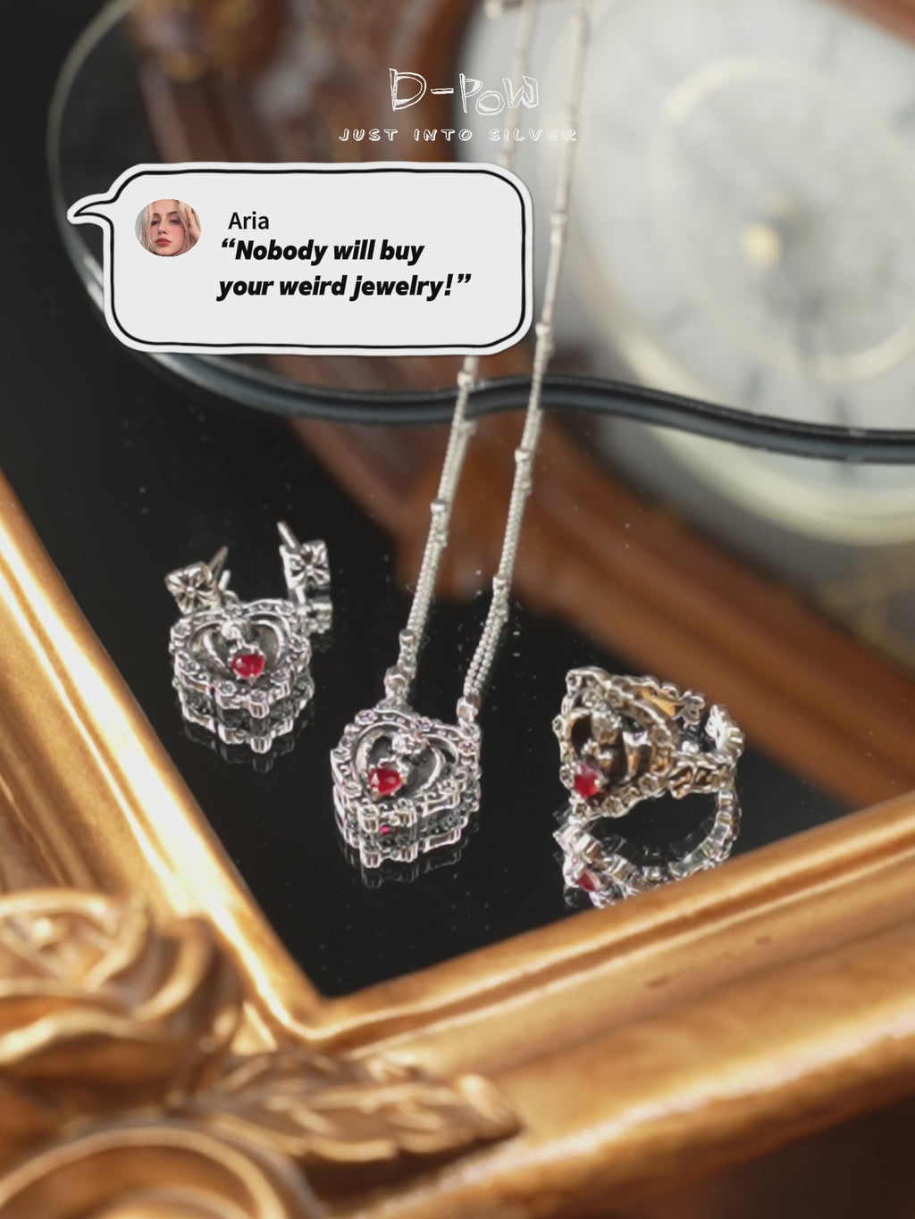 [Seraph's Silence] D-POW Heart Red Gem Jewelry Set – Sterling Silver Necklace, Ring & Earrings