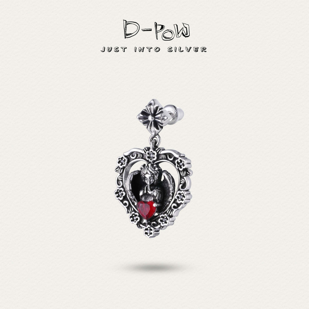 D-POW Seraph's Silence heart-shaped red gem sterling silver earrings, showcasing the elegant design with a vibrant red gem.