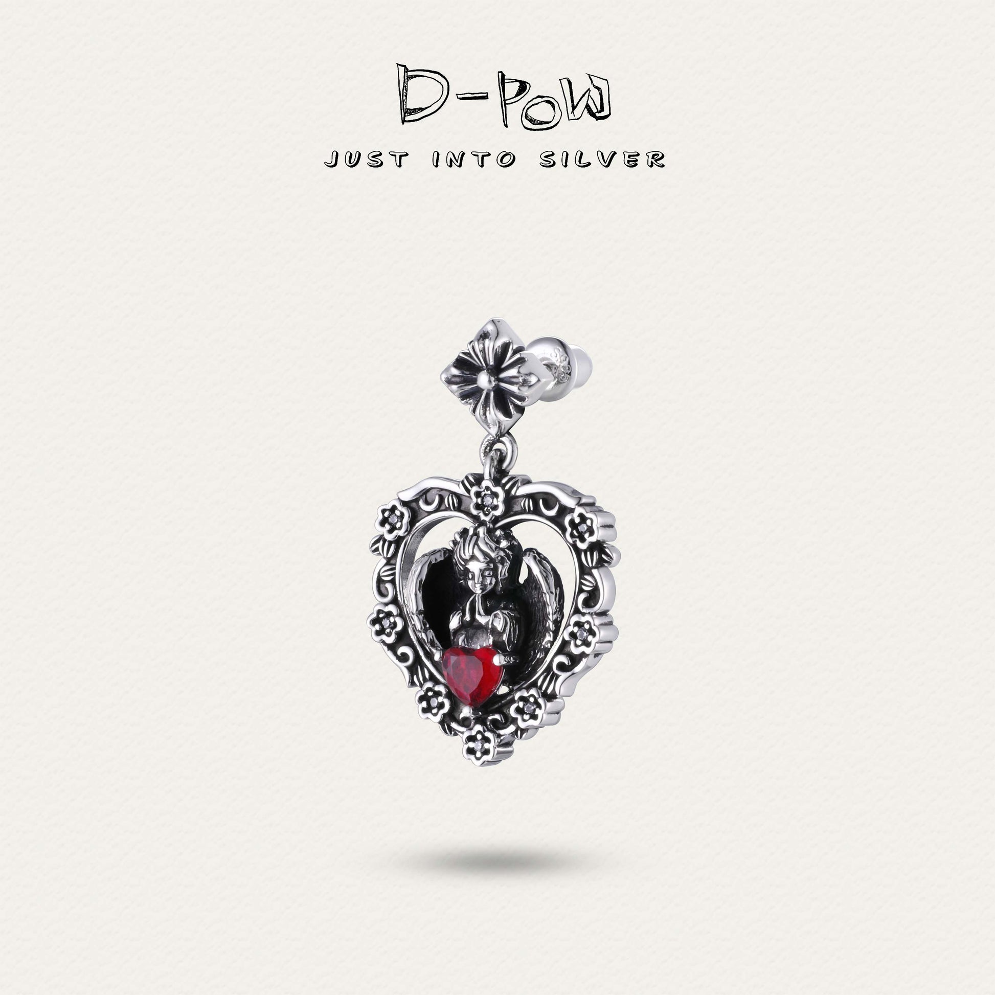 D-POW Seraph's Silence heart-shaped red gem sterling silver earrings, showcasing the elegant design with a vibrant red gem.