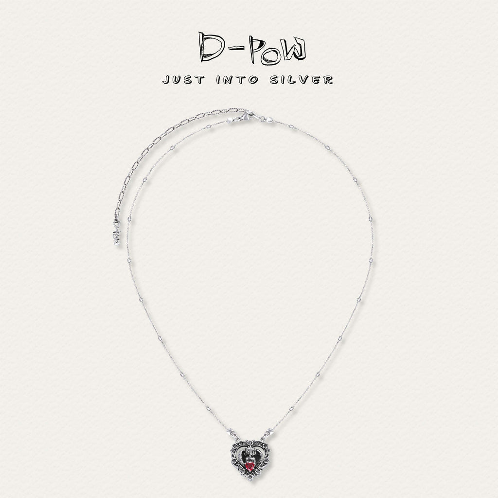 D-POW Seraph's Silence heart-shaped red gem sterling silver necklace, showcasing its elegant design and vibrant gemstone.