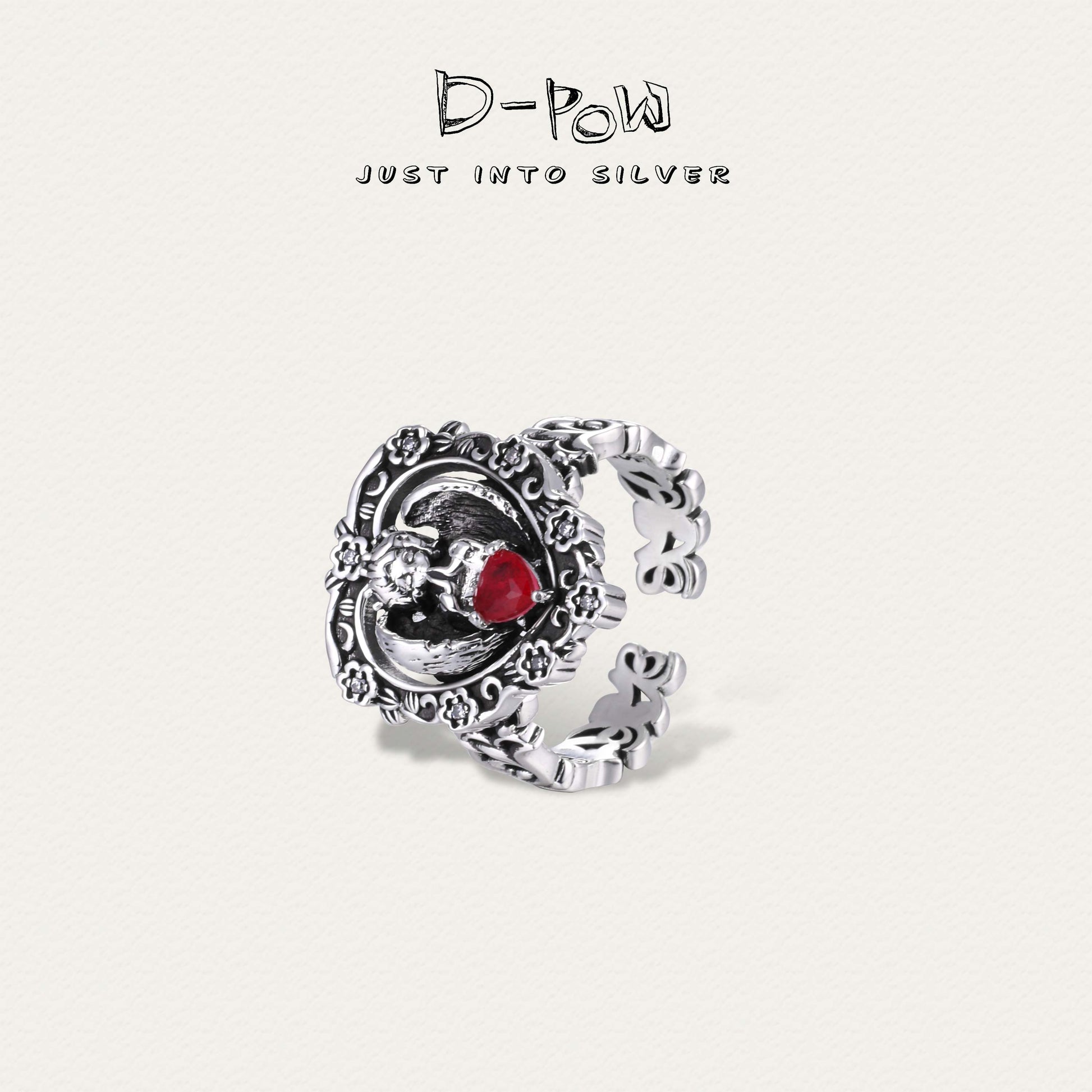 D-POW Seraph's Silence heart-shaped red gem adjustable sterling silver ring, featuring a detailed side view highlighting the design and craftsmanship.