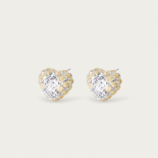 Front view of Shatterlight gold heart whisper studs, featuring the icy facets and warm golden finish.