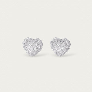 Front view of Shatterlight silver heart whisper studs, showcasing the iced texture and faceted shine.