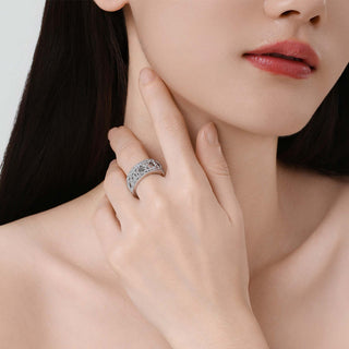 Close-up of the Tyndall Light ring on hand, emphasizing its delicate lace-like structure and elegant profile.