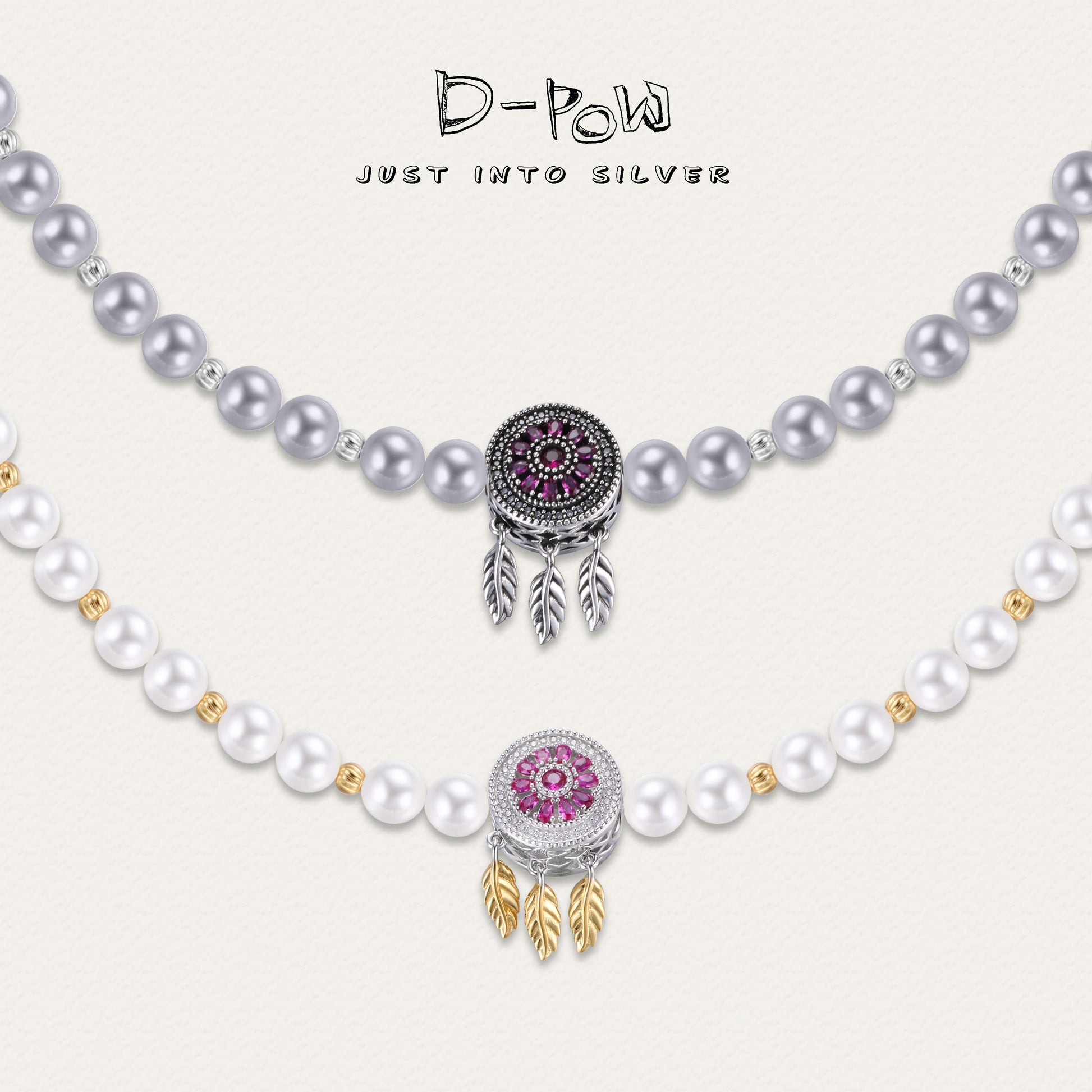 Side-by-side comparison of the D-POW Whispers of Dreams handcrafted pearl sterling silver necklace with white and grey dreamcatcher discs.