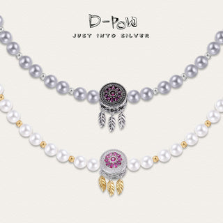 Side-by-side comparison of the D-POW Whispers of Dreams handcrafted pearl sterling silver necklace with white and grey dreamcatcher discs.