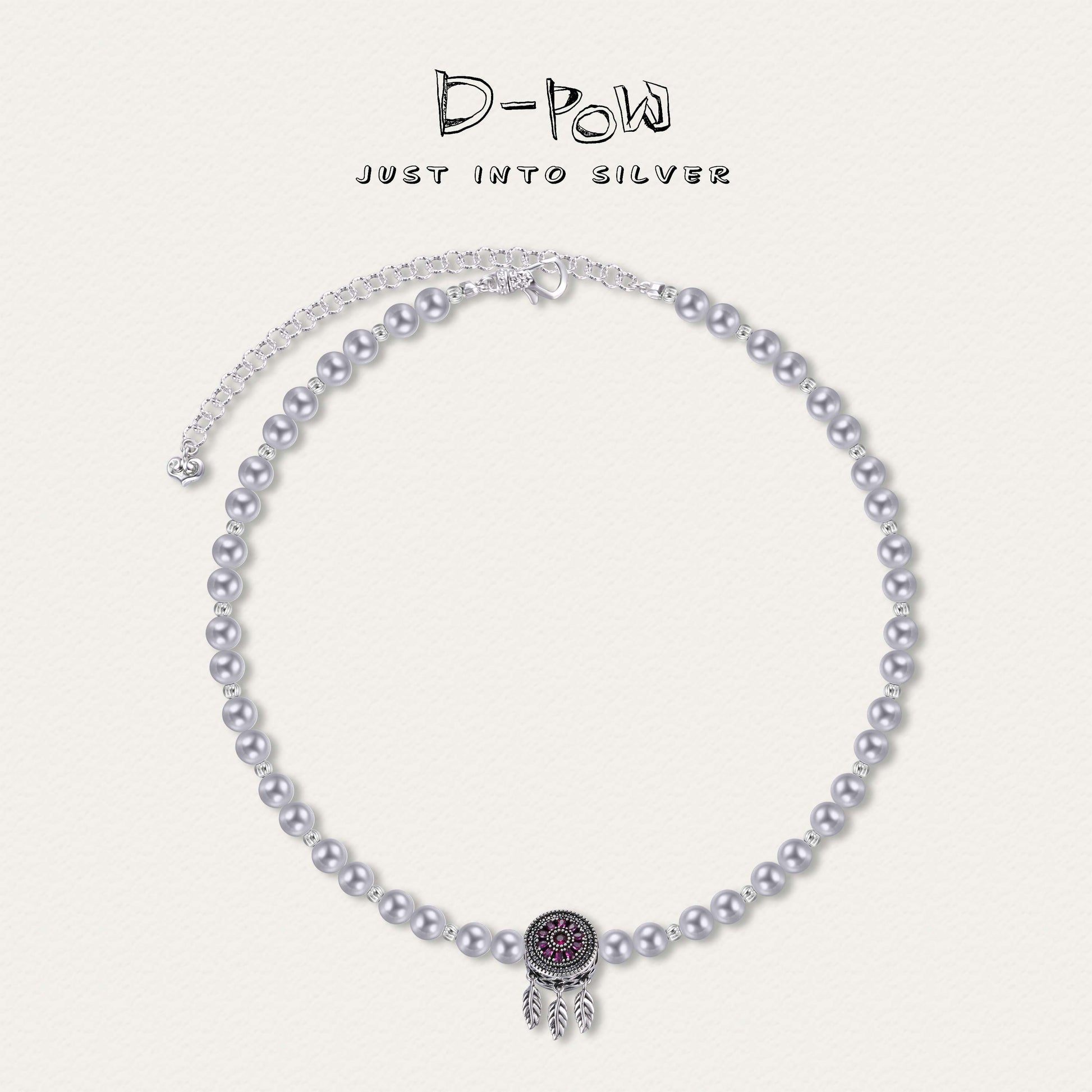 Front view of the D-POW Whispers of Dreams handcrafted pearl sterling silver necklace featuring an enchanted dreamcatcher disc in grey.