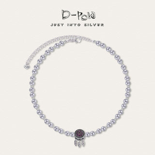 Front view of the D-POW Whispers of Dreams handcrafted pearl sterling silver necklace featuring an enchanted dreamcatcher disc in grey.